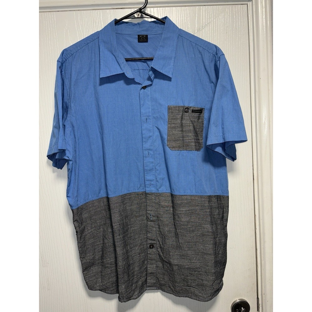 Y2K Oakley short sleeve button up‎ shirt blue gray split color size XL